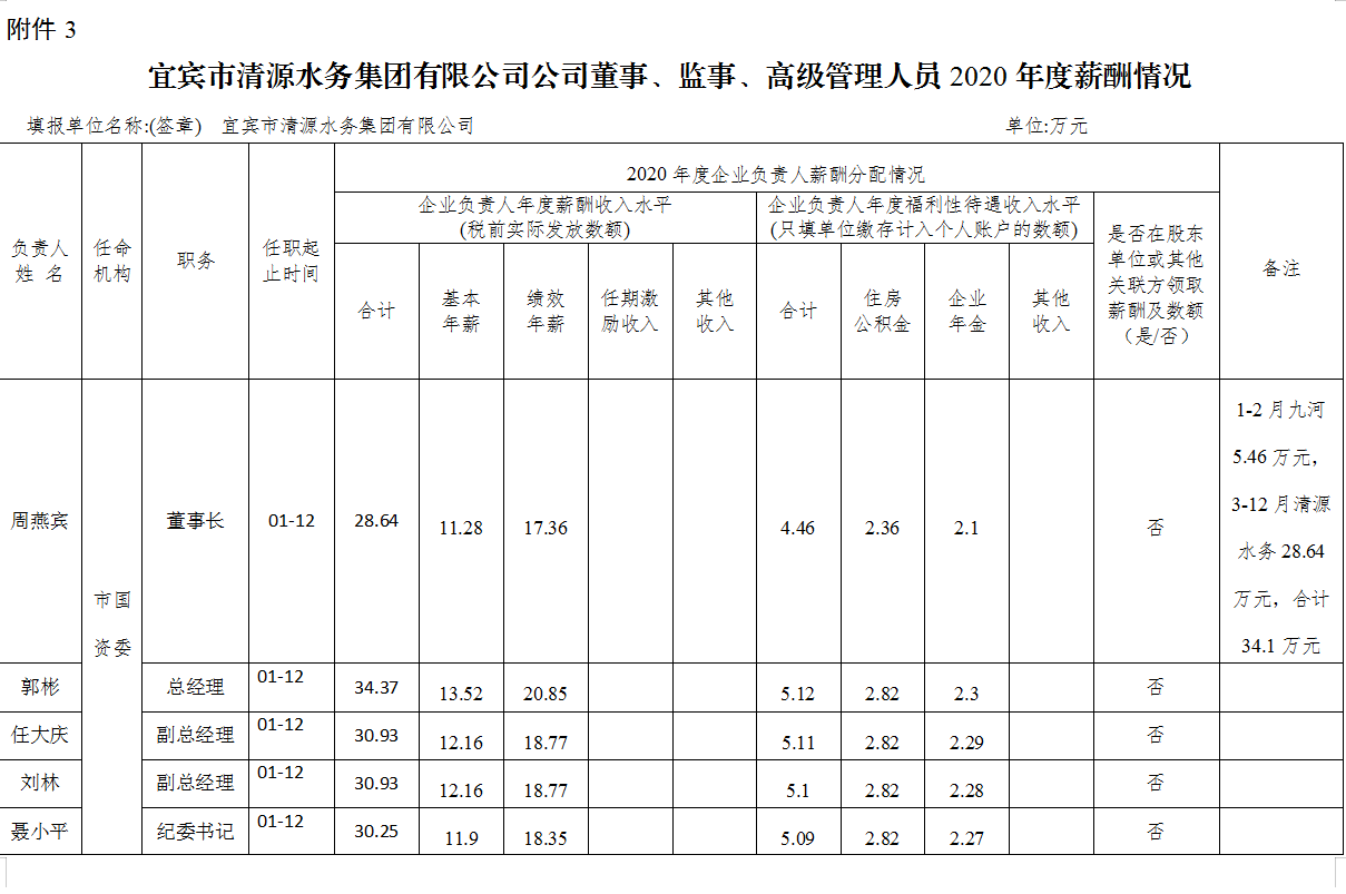 宜賓市清源水務(wù)集團有限公司公司董事、監(jiān)事、高級管理人員2020年度薪酬情況